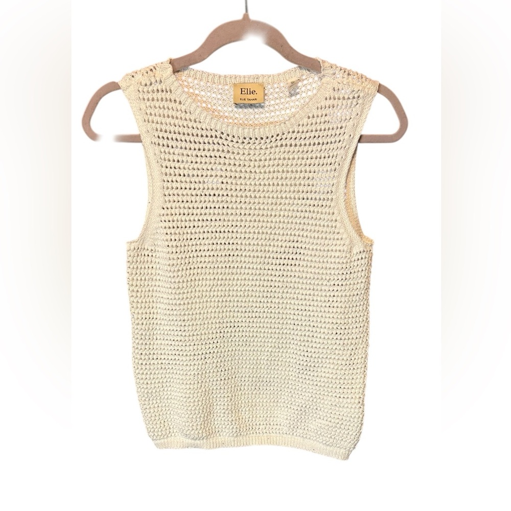 Elie Tahari White Crochet Sleeveless Sweater Small Sequin Knit Summer Top - Picture 4 of 7